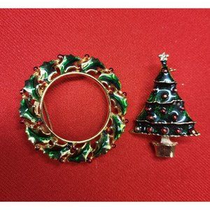 Christmas Pins/ Brooch Set of 2 Christmas Tree & Wreath Pins